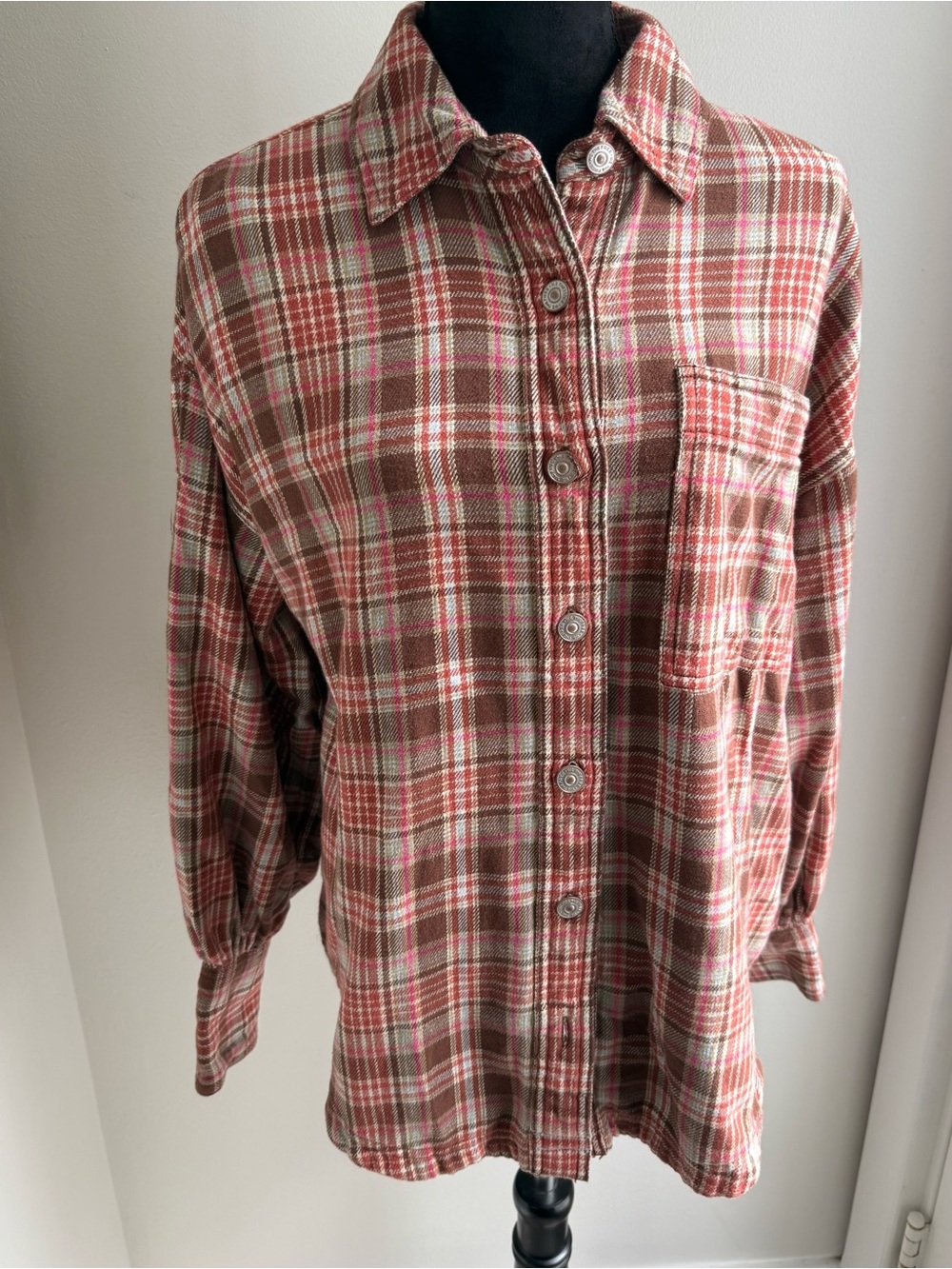 We The Free Red and Brown Plaid Soft Flannel L/S Button-Down Shirt